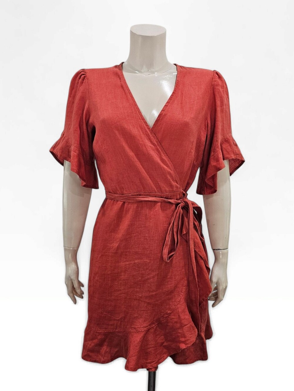 HONORINE Edie 100% Linen Flutter Sleeve Ruffled Hem Wrap Dress L in Cinnabar